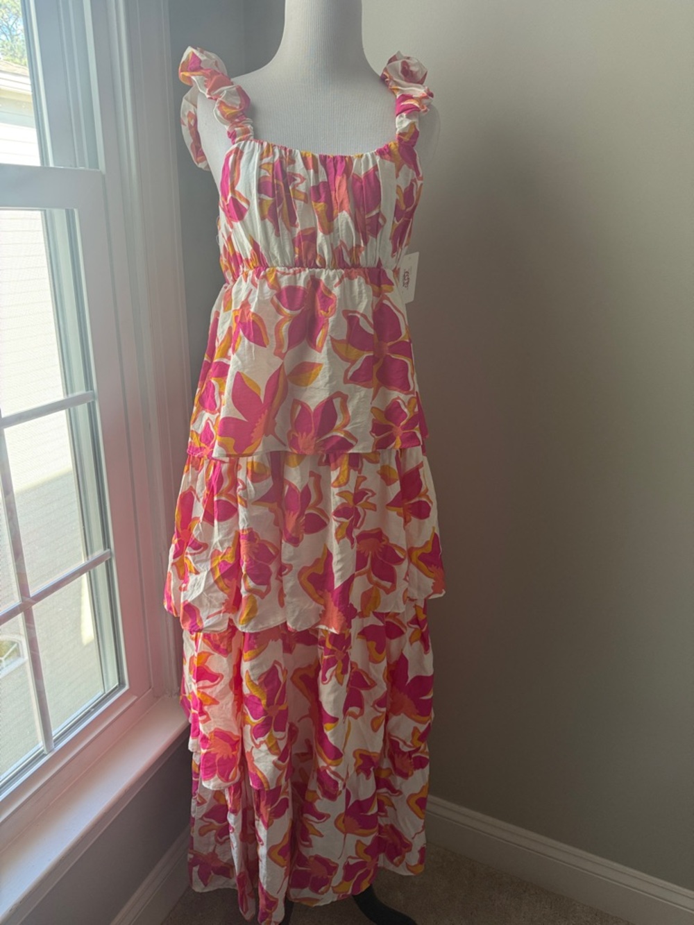 Peach Love California Pink & Orange Floral Tiered Maxi Sundress